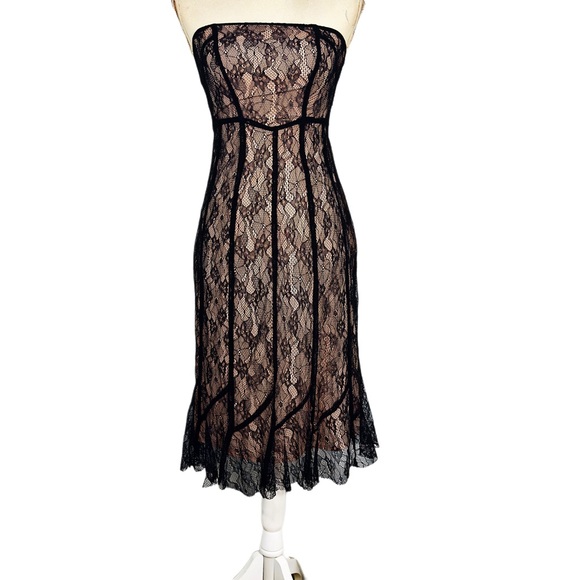 KIMCHI BLUE STRAPLESS MIDI COCKTAIL / PROM DRESS SZ 0 NUDE W/BLACK LACE OVERLAY - Picture 1 of 7